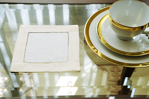 White Hemstitch Cocktail Napkin 6" with Coconut Milk Border - Click Image to Close